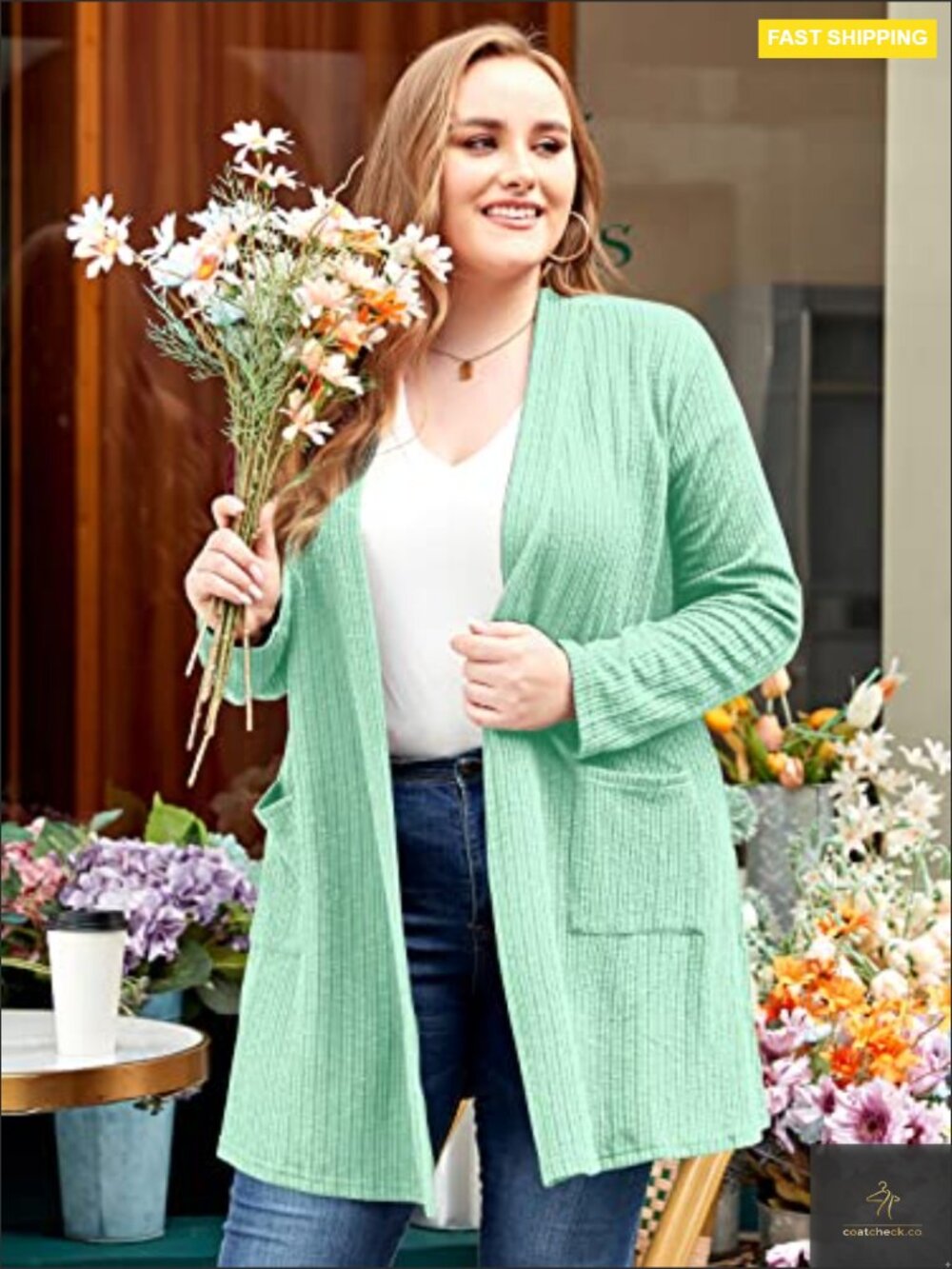 Open Front Knit Cardigan Long Sleeve Lightweight Sweater with Pockets Plus Size - Picture 2 of 7